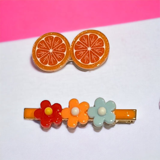 Orange and Flower Hair Clip Set