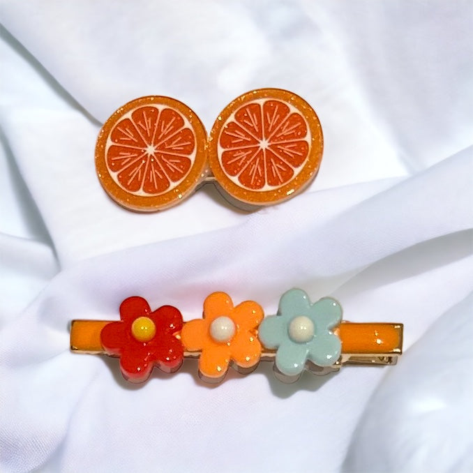 Orange and Flower Hair Clip Set