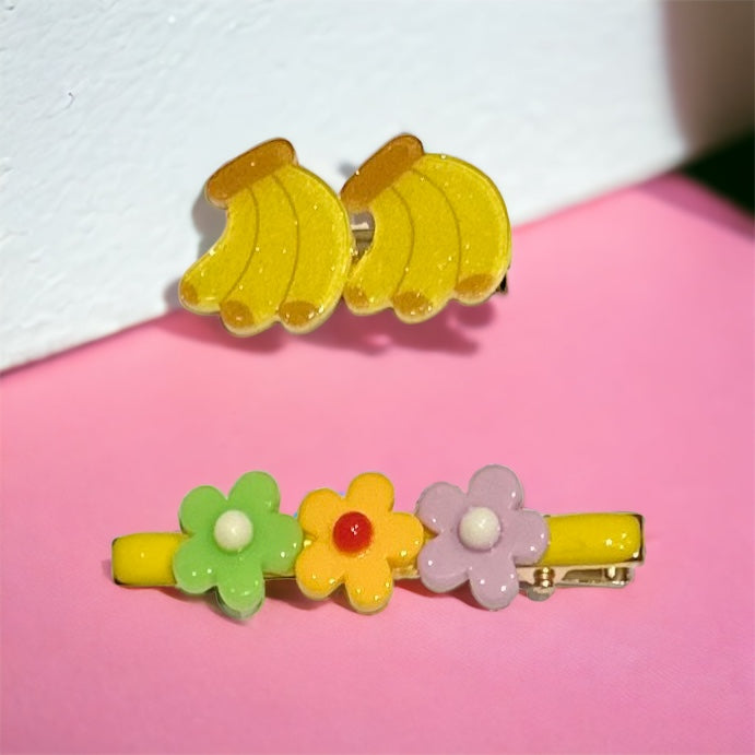 Bananas and Flower Hair Clip Set