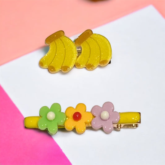 Bananas and Flower Hair Clip Set